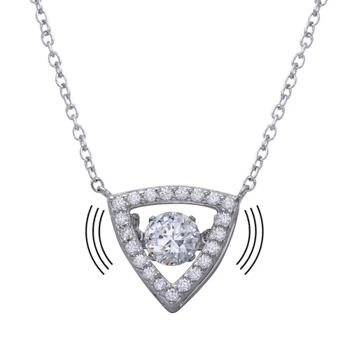 Rhodium Plated 925 Sterling Silver Open Triangle Pendant Necklace with Dancing CZ - STP01639