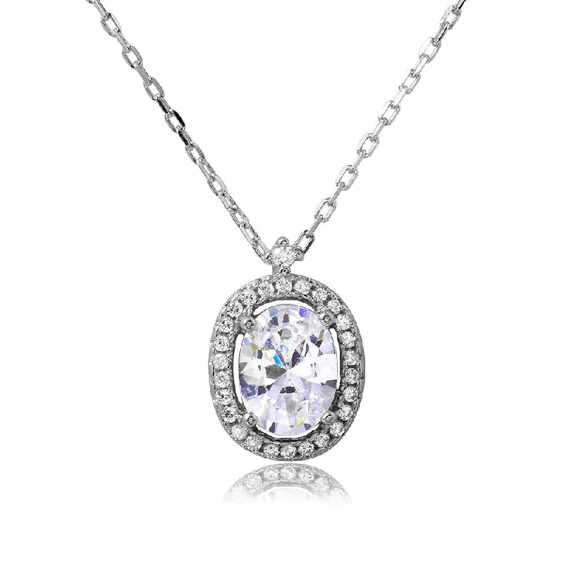 Rhodium Plated 925 Sterling Silver Oval Halo CZ Necklace - BGP01092