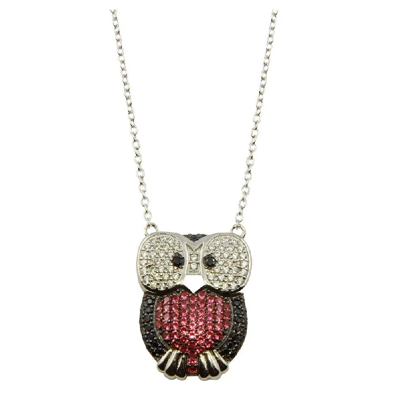 Rhodium Plated 925 Sterling Silver Owl Pendant Necklace with CZ - STP01610