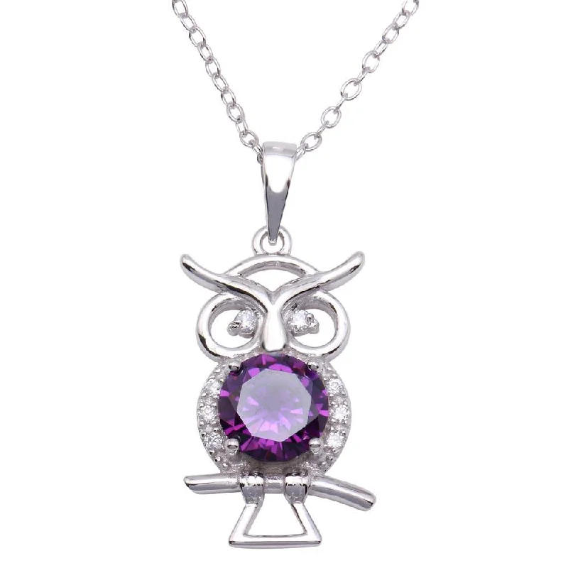 Rhodium Plated 925 Sterling Silver Purple CZ Owl Necklace - BGP01253