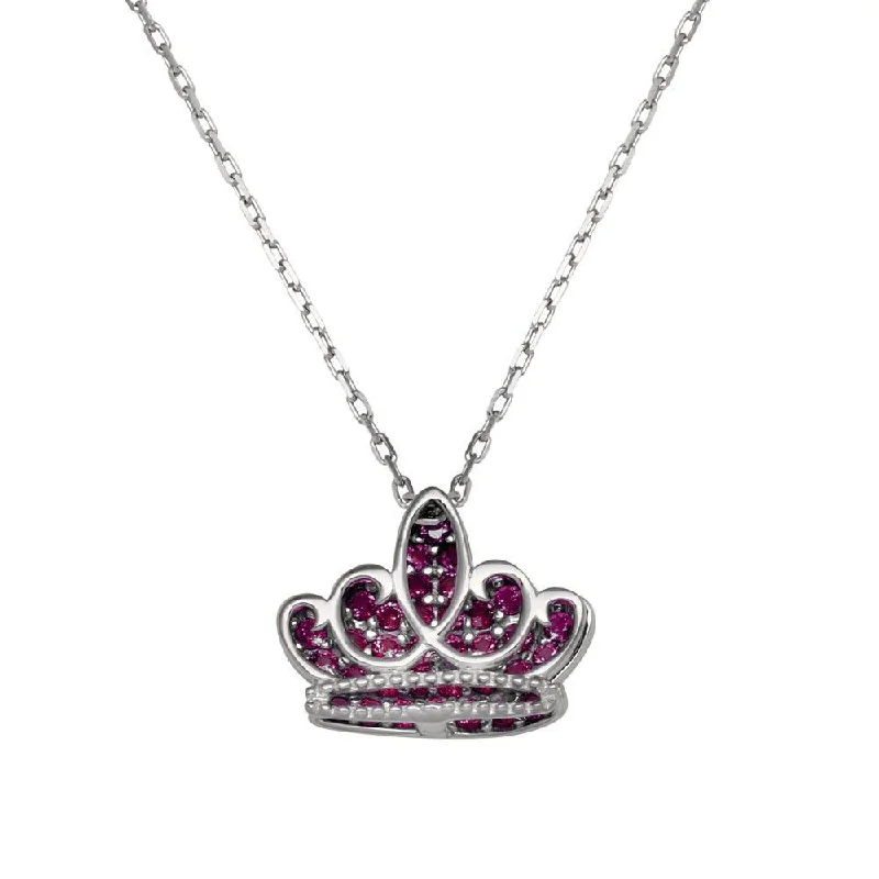 Rhodium Plated 925 Sterling Silver Red CZ Crown Necklace - GMN00036JULY