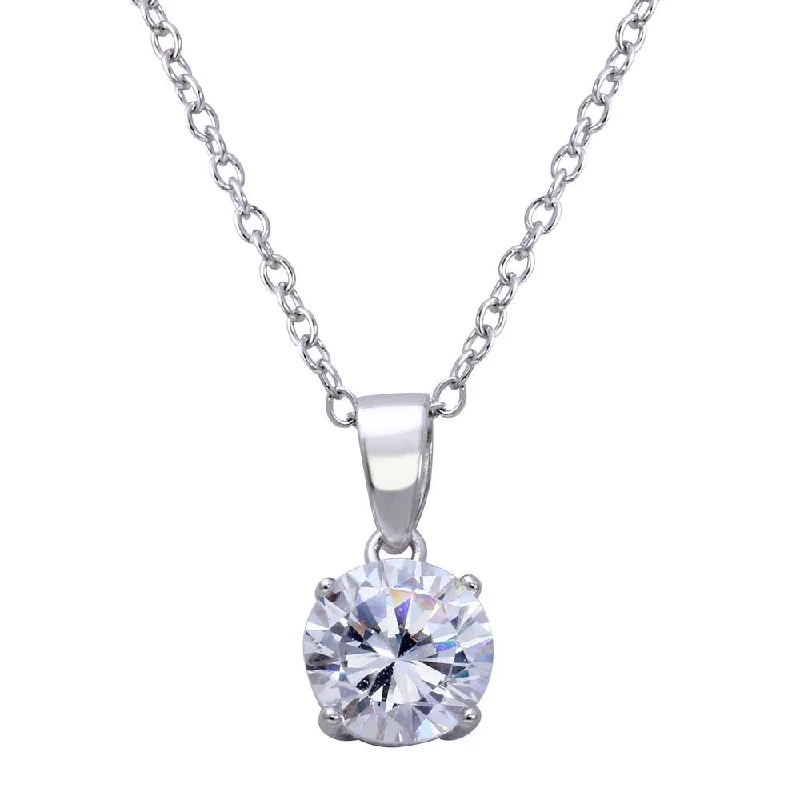 Rhodium Plated 925 Sterling Silver Round Clear CZ Solitaire Necklace - STP01627RH