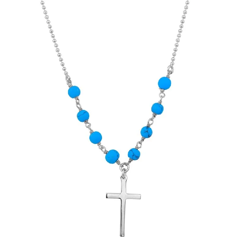 Rhodium Plated 925 Sterling Silver Small Cross Necklace with Turquoise Beads - DIN00089RH