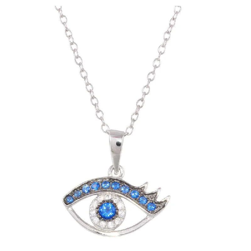 Rhodium Plated 925 Sterling Silver Small Evil Eye Pendant Necklace with Clear and Blue CZ - BGP01230