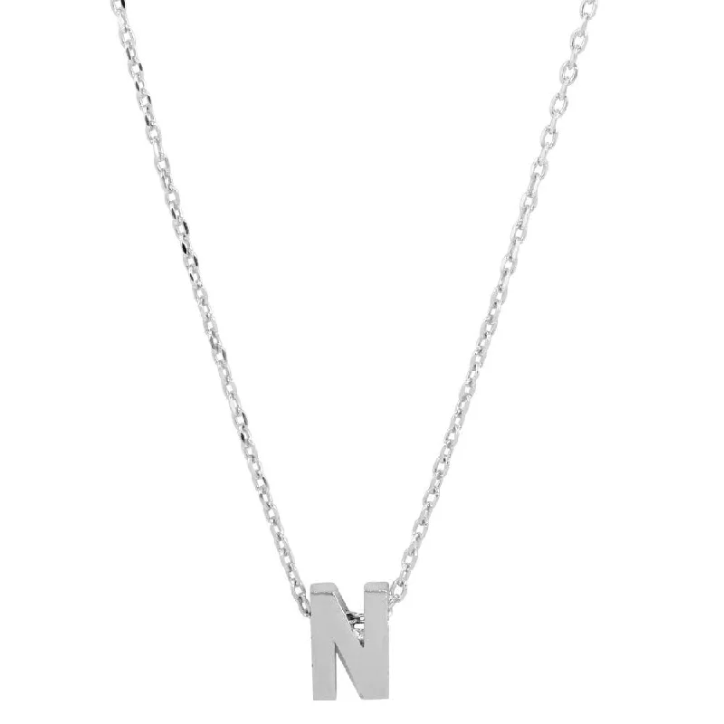 Rhodium Plated 925 Sterling Silver Small Initial N Necklace - JCP00001-N