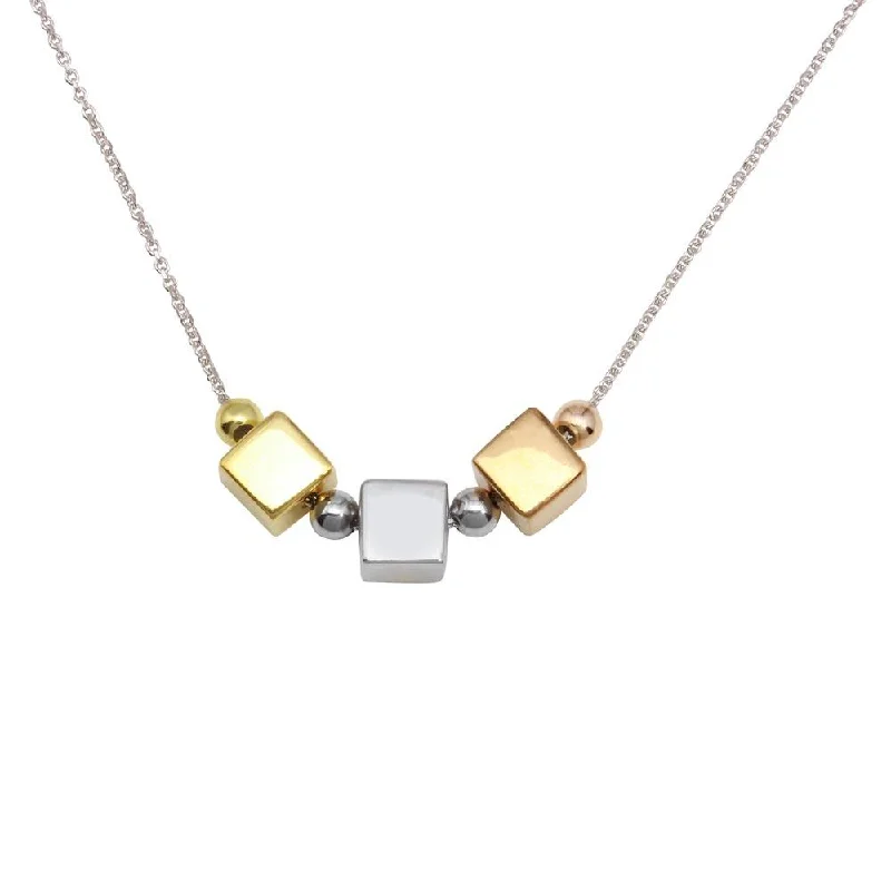 Rhodium Plated 925 Sterling Silver Three-Tone 3 Cube Pendant Necklace - DIN00090TRI