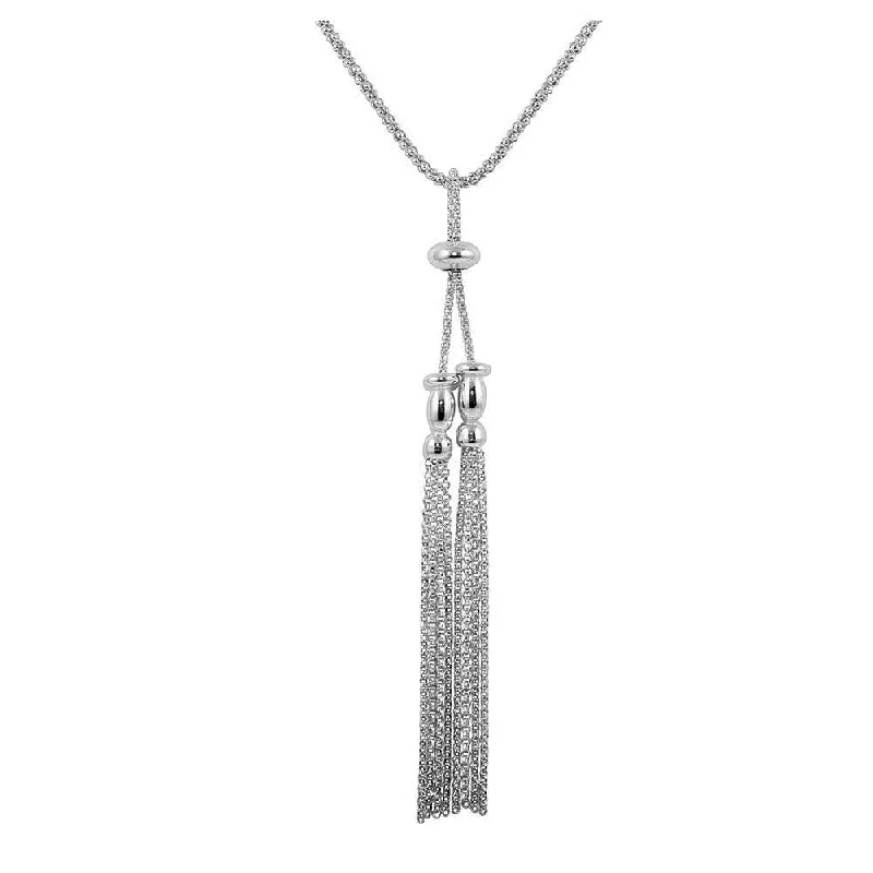 Rhodium Plated 925 Sterling Silver Two Tassel Dangling Necklace - ARN00041RH