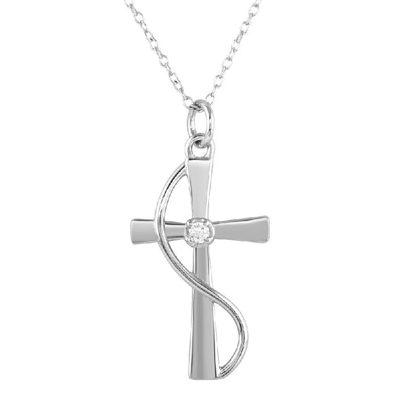 Rhodium Plated 925 Sterling Silver Wrapped Cross Pendant Necklace with CZ - STP01620