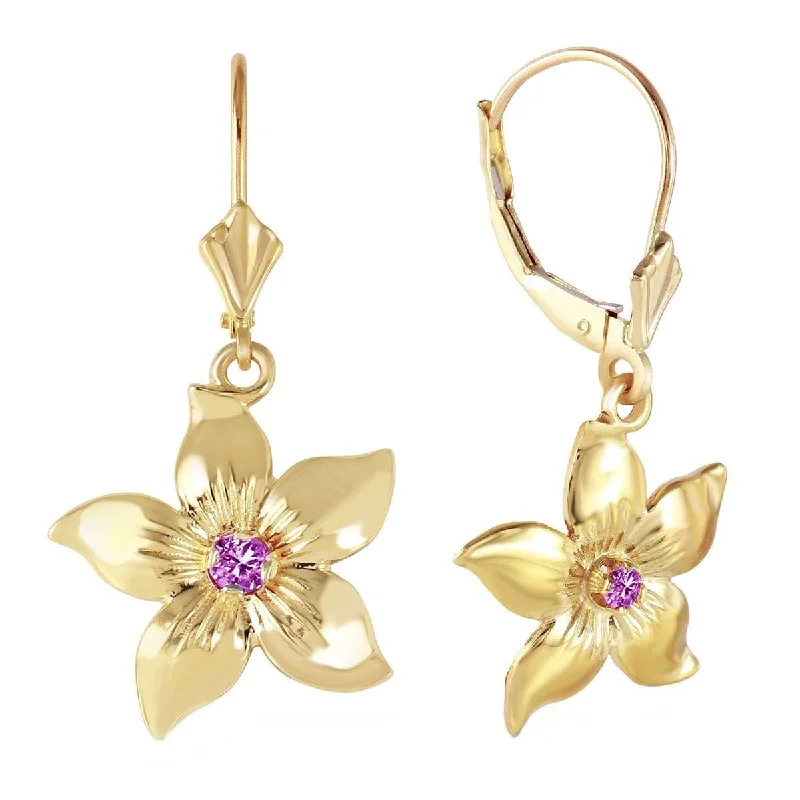 0.2 Carat 14K Solid Yellow Gold Leverback Flowers Earrings Amethyst