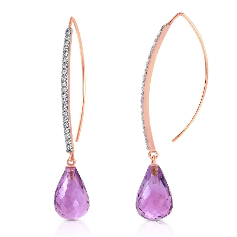 14K Solid Rose Gold Diamonds Fish Hook Earrings w/ Dangling Briolette Amethysts