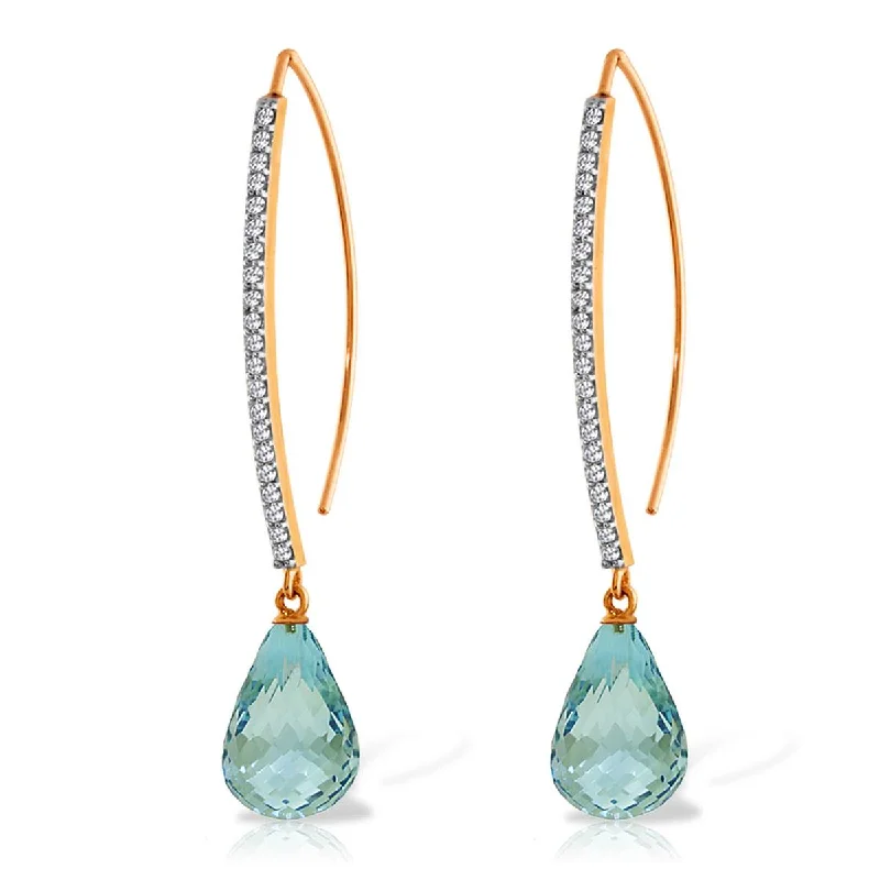 14K Solid Rose Gold Diamonds Fish Hook Earrings w/ Dangling Briolette Blue Topaz