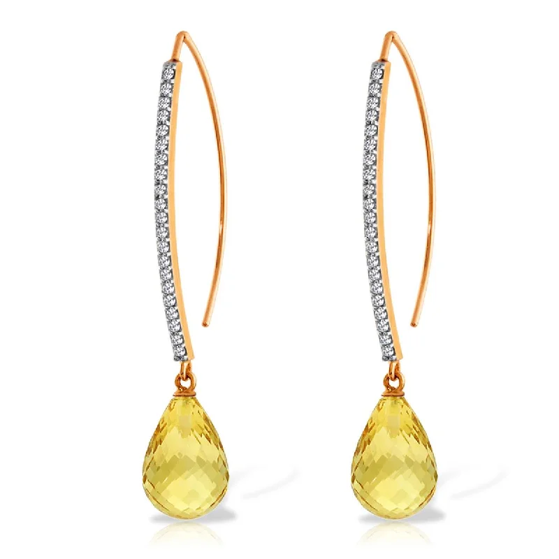 14K Solid Rose Gold Diamonds Fish Hook Earrings w/ Dangling Briolette Citrines