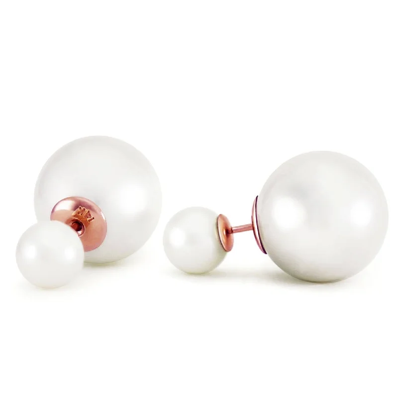 14K Solid Rose Gold Fashion Style Tribal Double White Shell Pearls Stud Earrings