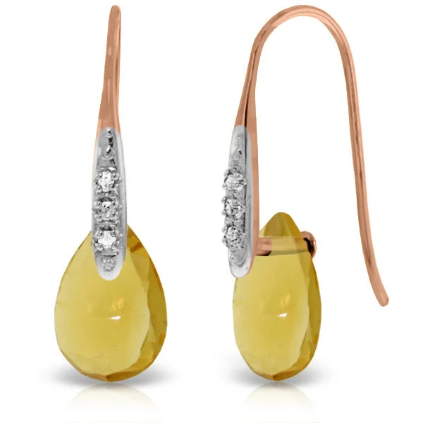 14K Solid Rose Gold Fish Hook Earrings w/ Diamonds & Dangling Briolette Citrines