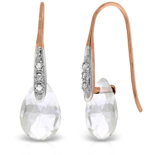 14K Solid Rose Gold Fish Hook Earrings w/ Diamonds & Dangling Briolette White Topaz