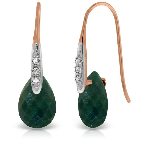 14K Solid Rose Gold Fish Hook Earrings w/ Diamonds & Dangling Dyed Green Sapphires