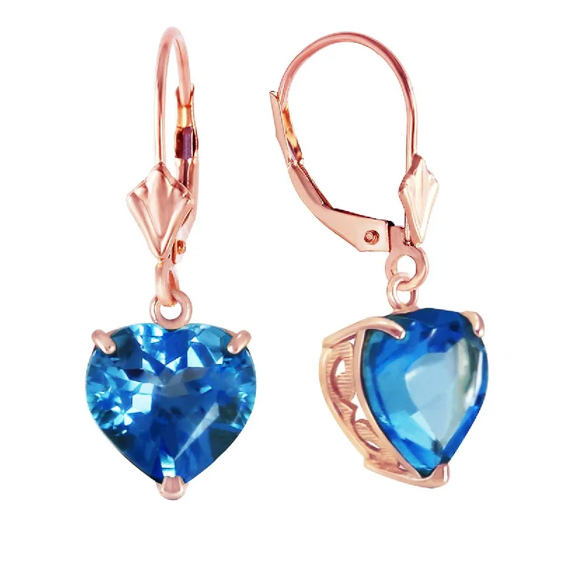 14K Solid Rose Gold Leverback Earrings Natural 10mm Heart Blue Topaz