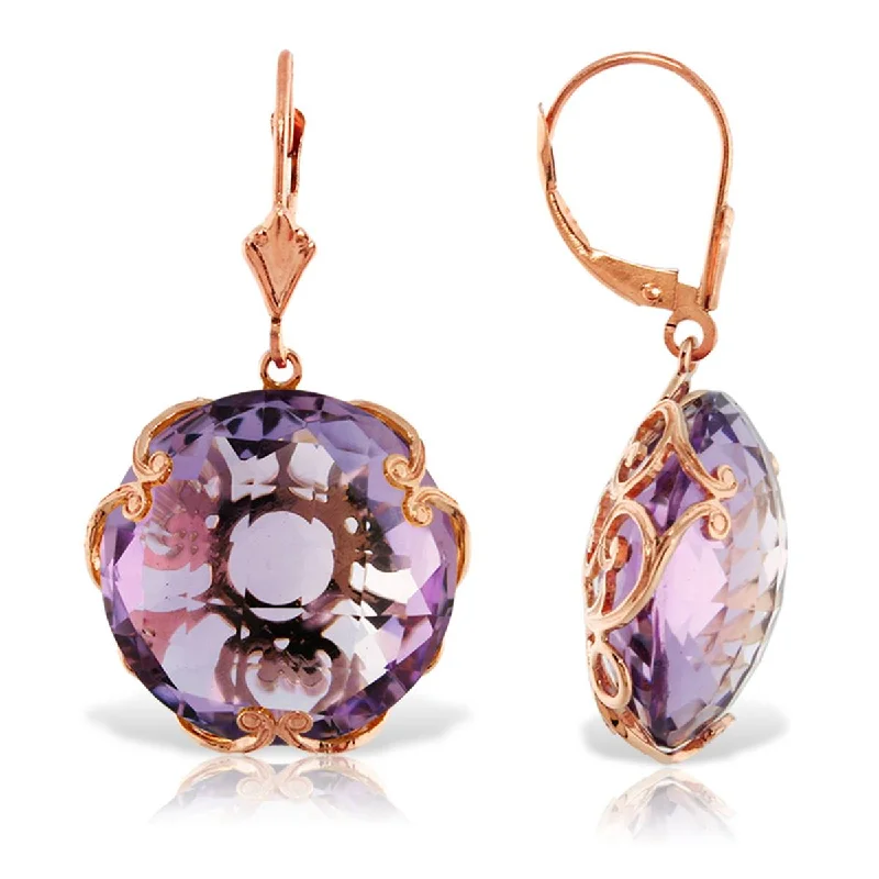 14K Solid Rose Gold Leverback Earrings Round Amethyst