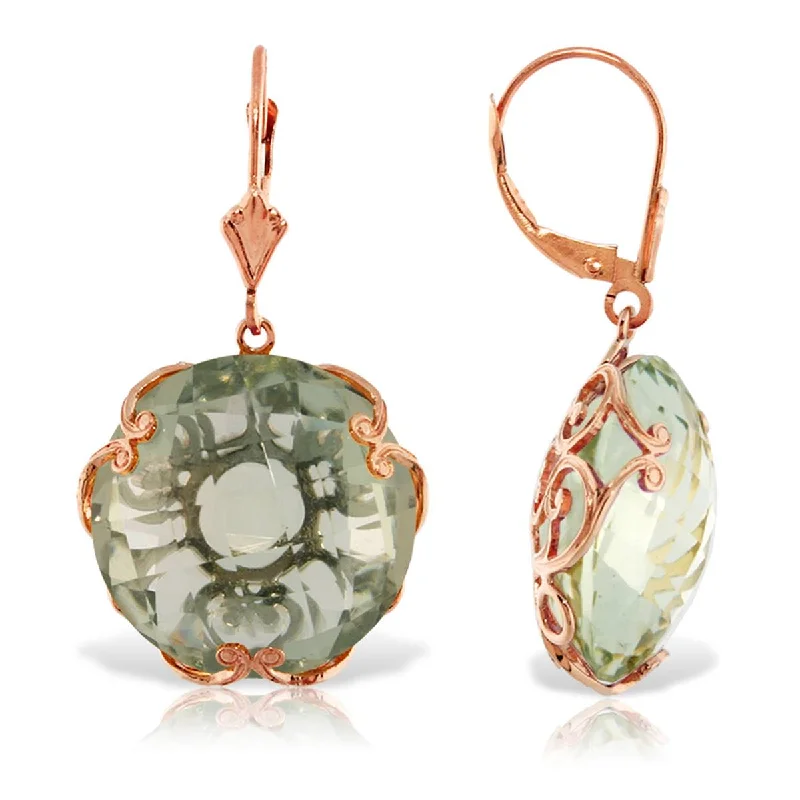 14K Solid Rose Gold Leverback Earrings Round Green Amethyst