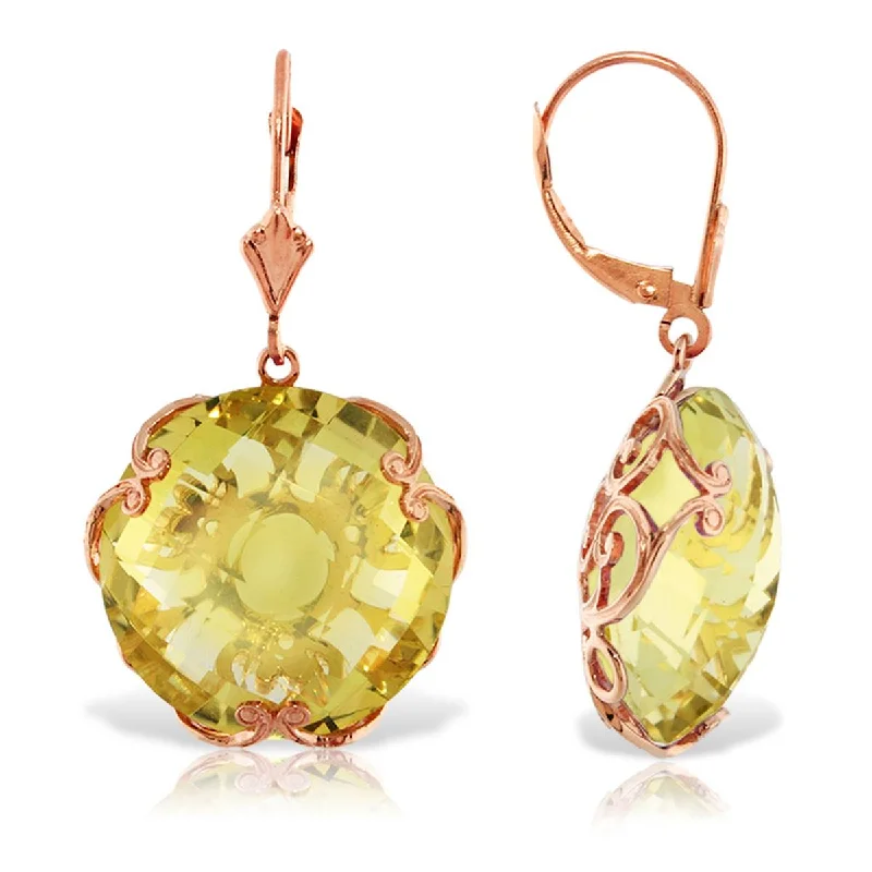 14K Solid Rose Gold Leverback Earrings Round Lemon Quartz Jewelry