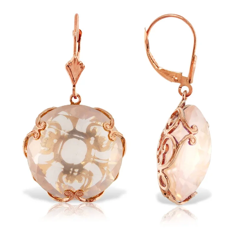 14K Solid Rose Gold Leverback Earrings Round Rose Quartz