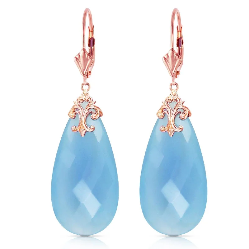 14K Solid Rose Gold Leverback Earrings w/ Briolette 31x16 mm Aqua Blue Chalcedony