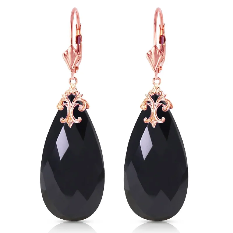 14K Solid Rose Gold Leverback Earrings w/ Briolette 31x16 mm Black Onyx