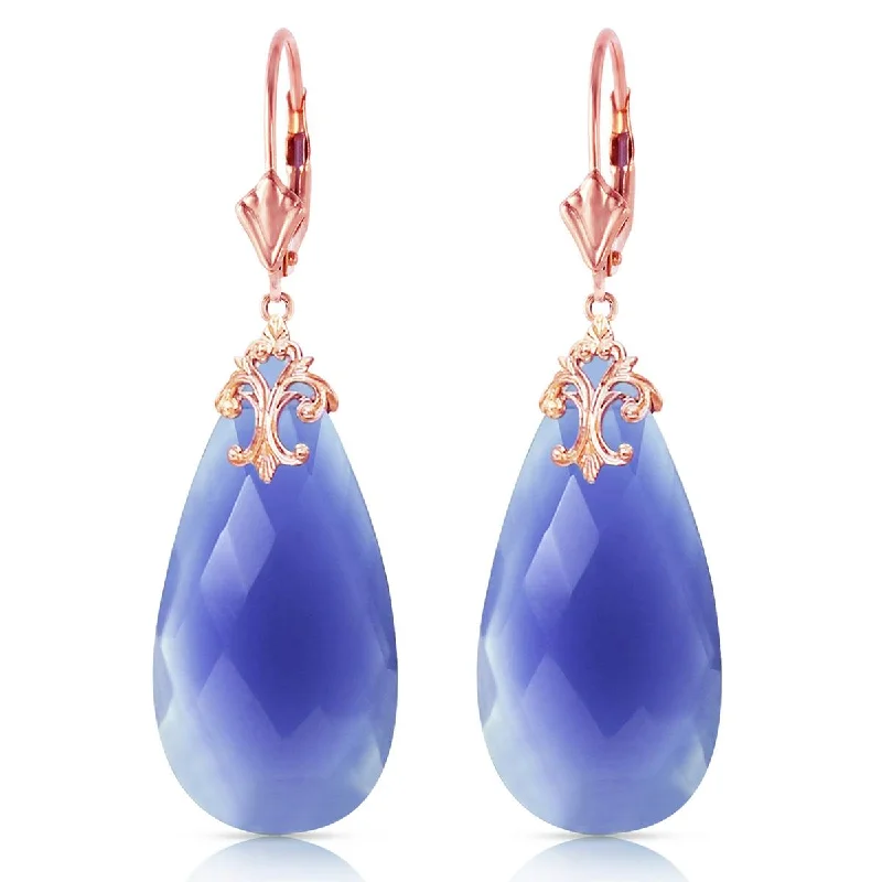 14K Solid Rose Gold Leverback Earrings w/ Briolette 31x16 mm Deep Blue Chalcedony