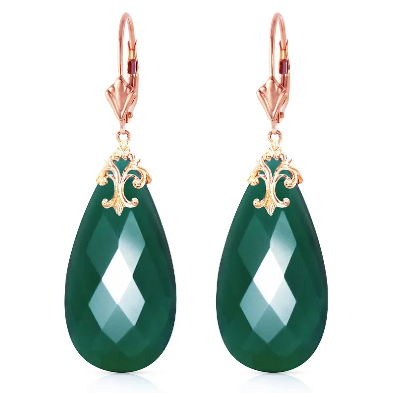 14K Solid Rose Gold Leverback Earrings w/ Briolette 31x16 mm Deep Green Chalcedony