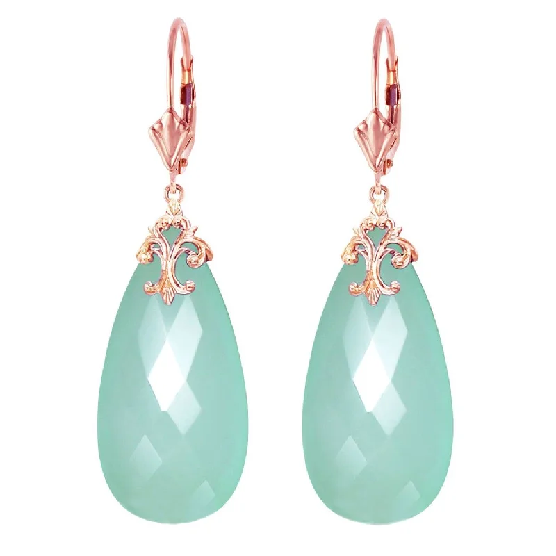 14K Solid Rose Gold Leverback Earrings w/ Briolette 31x16 mm Mint Green Chalcedony