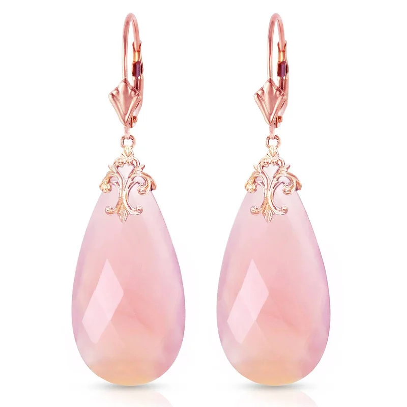 14K Solid Rose Gold Leverback Earrings w/ Briolette 31x16 mm Pink Chalcedony