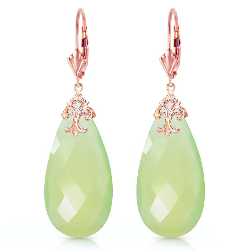 14K Solid Rose Gold Leverback Earrings w/ Briolette 31x16 mm Prehnite Color Chalcedony