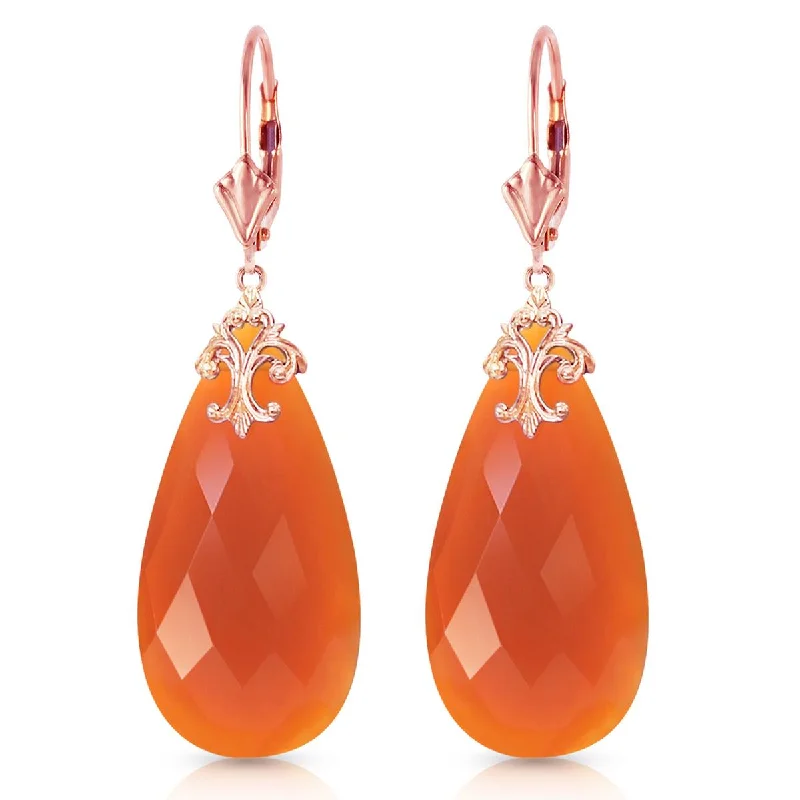 14K Solid Rose Gold Leverback Earrings w/ Briolette 31x16 mm Reddish Orange Chalcedony