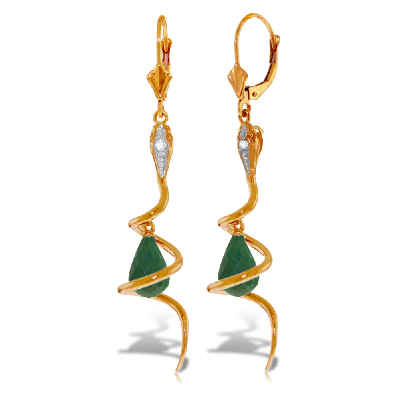 14K Solid Rose Gold Snake Earrings w/ Briolette Green Dyed Sapphire & Diamonds