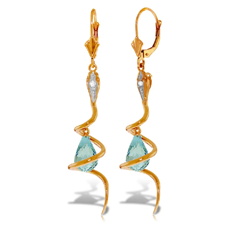 14K Solid Rose Gold Snake Earrings w/ Dangling Briolette Blue Topaz & Diamonds