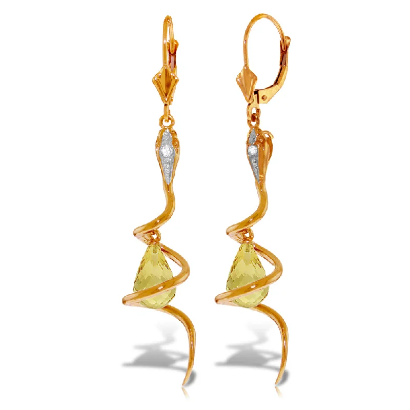 14K Solid Rose Gold Snake Earrings w/ Dangling Briolette Citrines & Diamonds