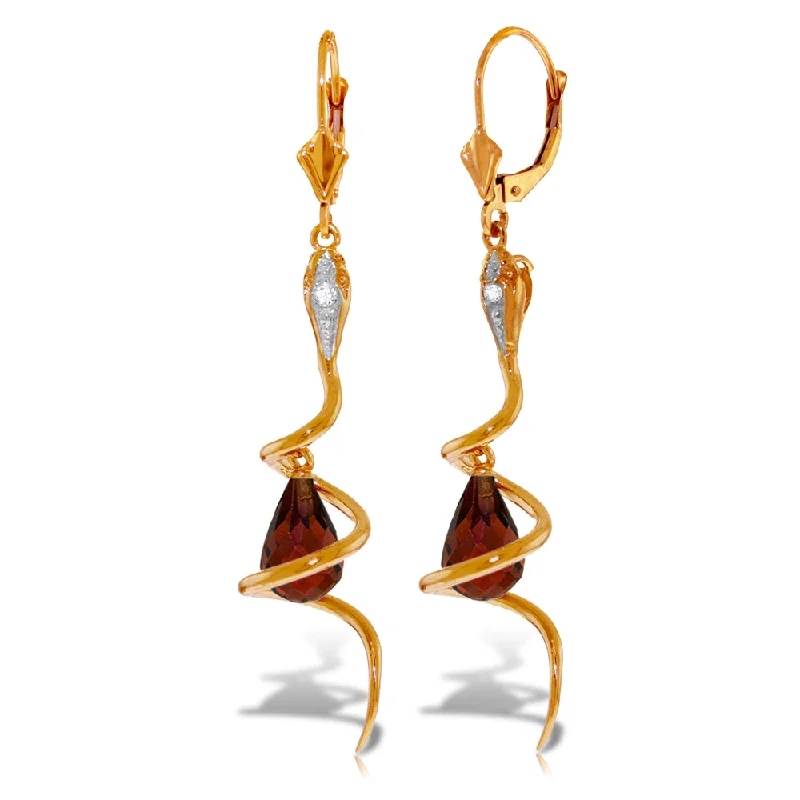 14K Solid Rose Gold Snake Earrings w/ Dangling Briolette Garnets & Diamonds