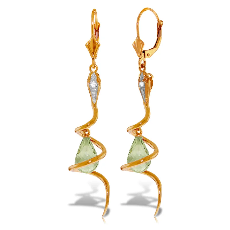 14K Solid Rose Gold Snake Earrings w/ Dangling Briolette Green Amethysts & Diamond