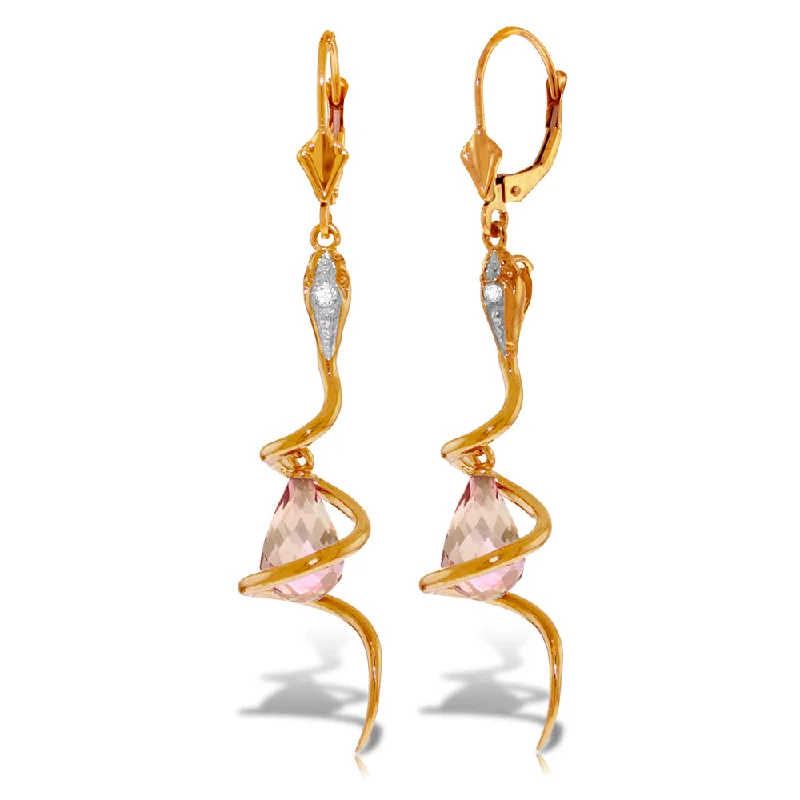 14K Solid Rose Gold Snake Earrings w/ Dangling Briolette Pink Topaz & Diamonds