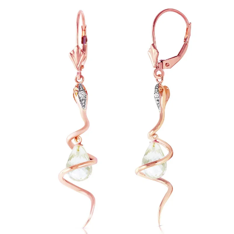 14K Solid Rose Gold Snake Earrings w/ Dangling Briolette White Topaz & Diamonds