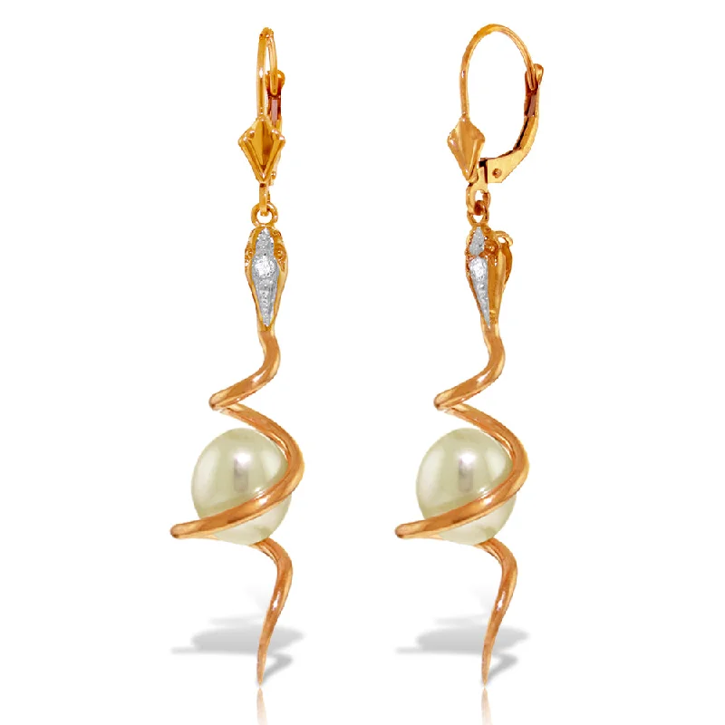 14K Solid Rose Gold Snake Earrings w/ Pear Shape Pearls & Diamonds