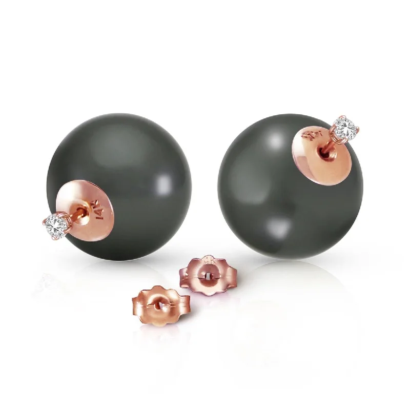 14K Solid Rose Gold Stud 0.20 Carat Natural Diamonds Earrings w/ Black Shell Pearls