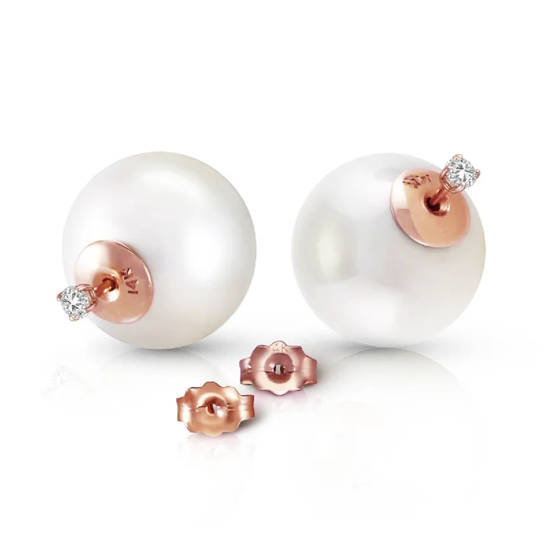 14K Solid Rose Gold Stud 0.20 Carat Natural Diamonds Earrings w/ White Shell Pearls