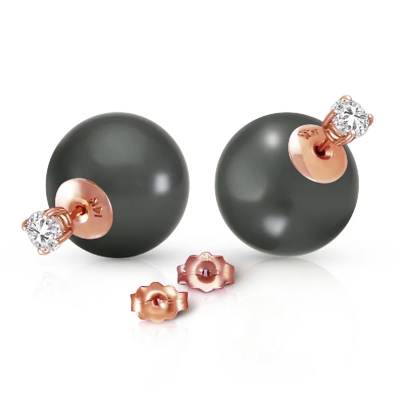 14K Solid Rose Gold Stud 0.80 Carat Natural Diamonds Earrings w/ Black Shell Pearls