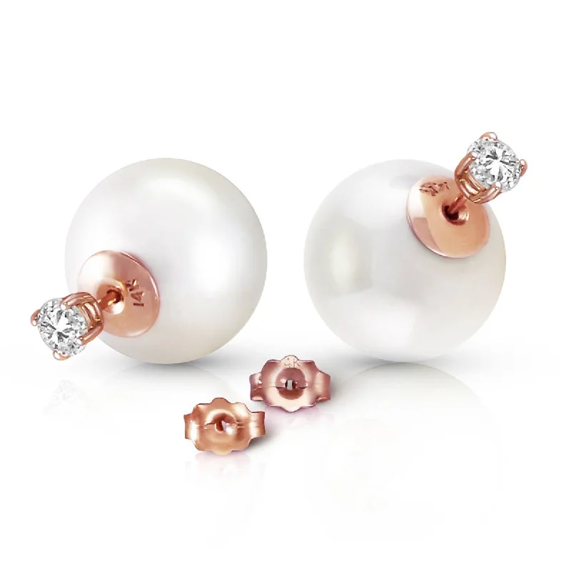 14K Solid Rose Gold Stud 0.80 Carat Natural Diamonds Earrings w/ White Shell Pearls