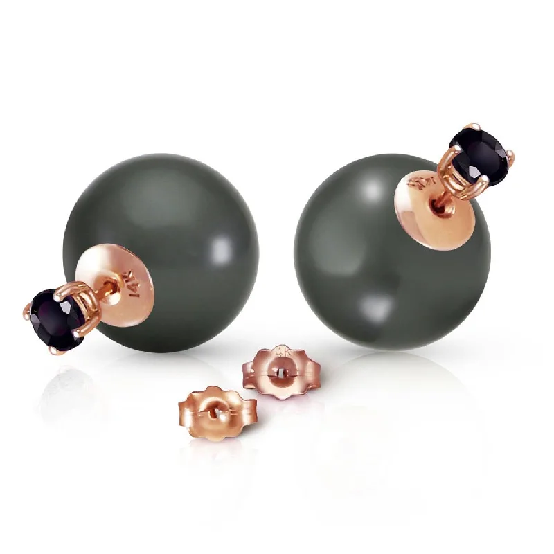 14K Solid Rose Gold Stud 1.0 Carat Natural Black Diamonds & Black Shell Pearl Earrings