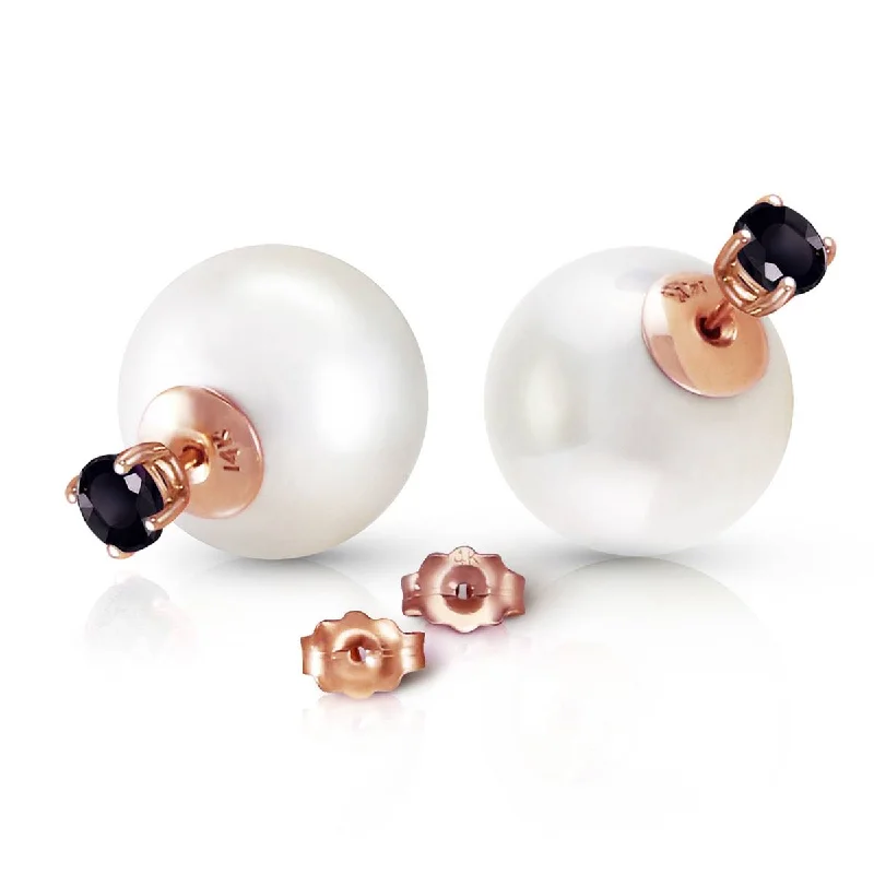 14K Solid Rose Gold Stud 1.0 Carat Natural Black Diamonds & White Shell Pearl Earrings