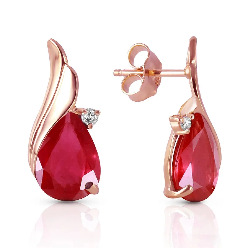 14K Solid Rose Gold Studs Earrings Natural Diamond & Ruby Gemstone