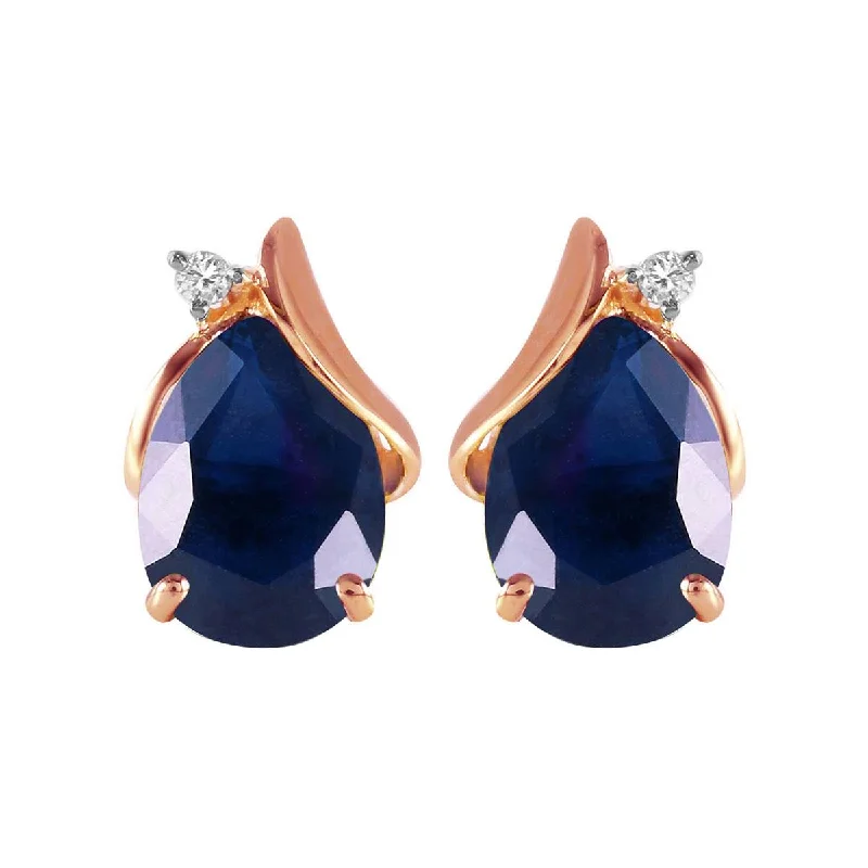 14K Solid Rose Gold Studs Earrings Natural Diamond & Sapphire Jewelry