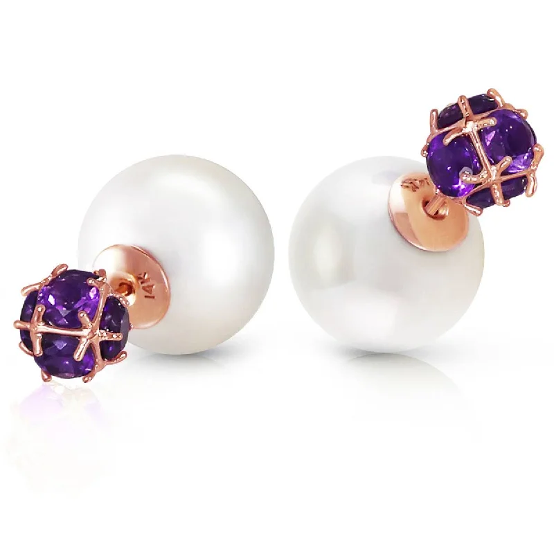 14K Solid Rose Gold Tribal Double Shell Pearls And Amethysts Stud Earrings